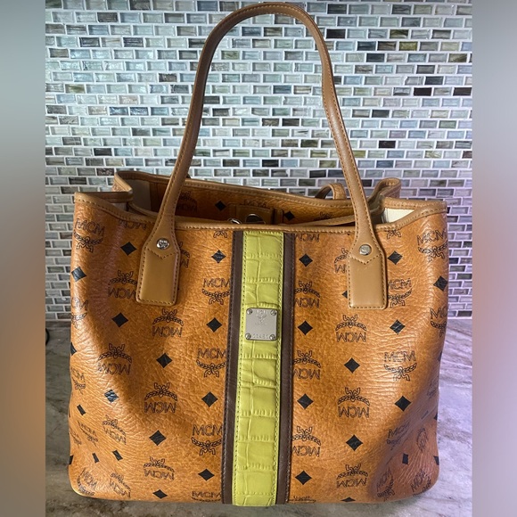 MCM Cognac Visetos Monogram Green Stripe Liz Shopper Tote - Picture 9 of 13